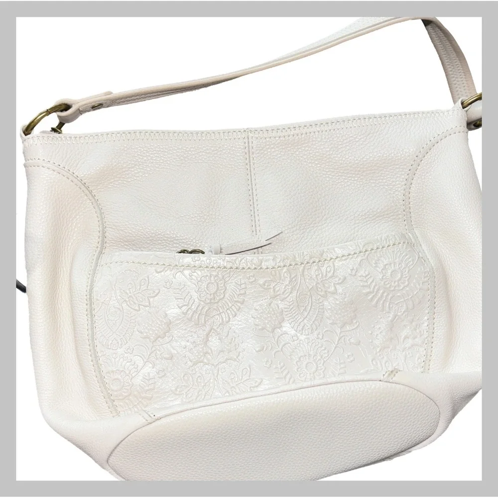 The Sak Cream Pebbled Leather Hobo Shoulder Bag Embossed Floral Off White